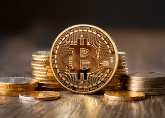 Moeda de bitcoin com grupos de moedas empilhada ao fundo.  Cripto moedas