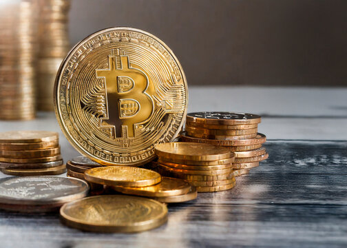 Moeda de bitcoin com grupos de moedas empilhada ao fundo.  Cripto moedas