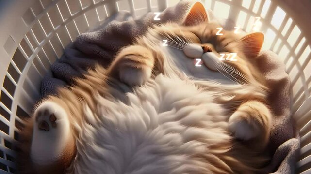 16 seconds sleeping naptime slumber dozing off resting video of fat rotund kitty cat feline in basket