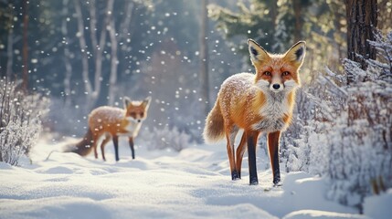 Animals in winter settings, such as foxes and deer with frosty fur in snowy forests, capturing the beauty of wildlife in winter's embrace