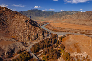 Beautiful autumn landscape Katun river and mountains, famous tourist spot in republic Altai...