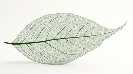 Obraz premium A close-up of a single translucent green leaf, veins and details visible as light passes through against a soft white background