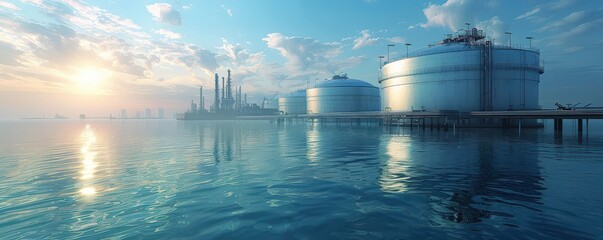 Large industrial tanks with domed tops under a clear blue sky, representing oil and gas storage. Free copy space for banner.