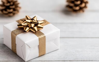 Elegant white gift box adorned with a golden ribbon and bow, perfect for celebrations and special occasions.