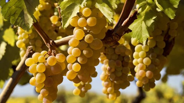 Ripe white grapes hanging from grapevine in vineyard