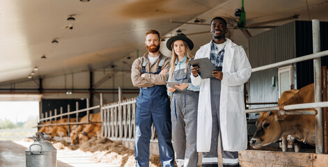 Diverse team of three young agricultural workers standing in livestock barn. People holding clipboard and tablet, representing modern farm management and teamwork in agriculture industry