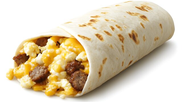 A classic breakfast burrito filled with scrambled eggs, sausage, and melted cheese