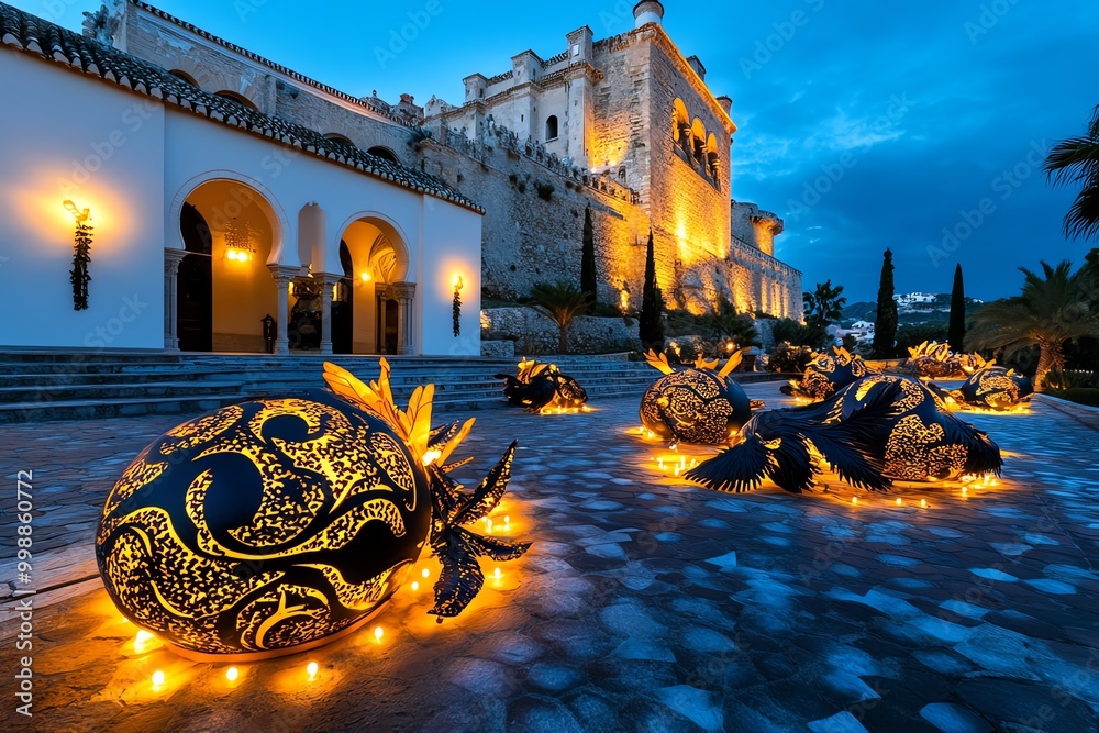 Poster fantasy-inspired alcazaba in malaga, where the ancient moorish fortress is surrounded by glowing lig