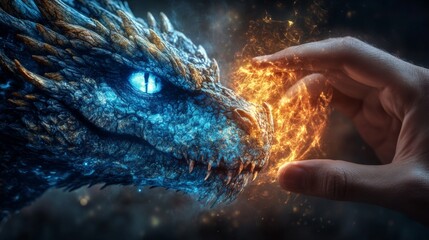 Fototapeta premium Dragon's Summoning, a powerful sorcerer conjures a mystical dragon, surrounded by swirling energies, vibrant colors, evoking a sense of magic and wonder in a captivating scene.