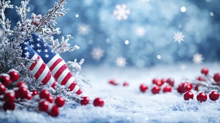 Patriotic winter imagery with seasonal decorations in red, white, and blue, celebrating national pride during the winter months