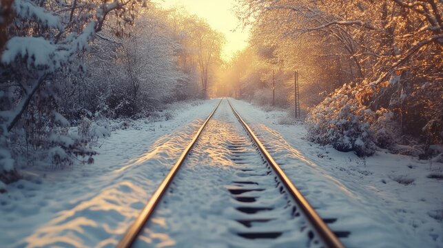 Snow-covered train tracks through a forest, tranquil winter journey