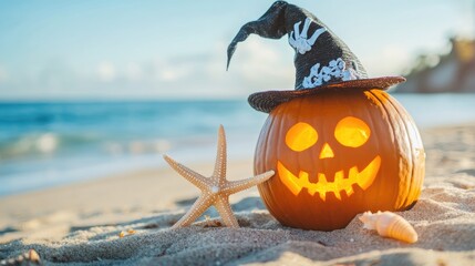 Halloween pumpkin with skeleton hand stylish hat and starfish on beach