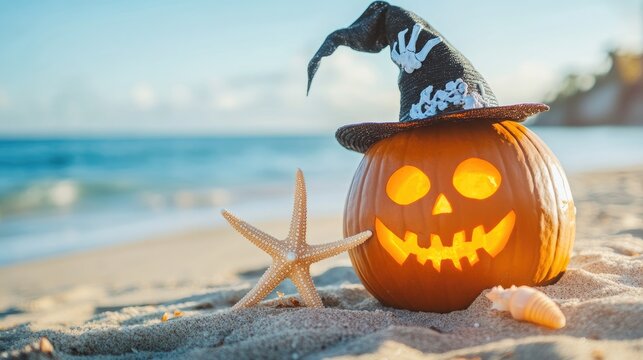 Halloween pumpkin with skeleton hand stylish hat and starfish on beach