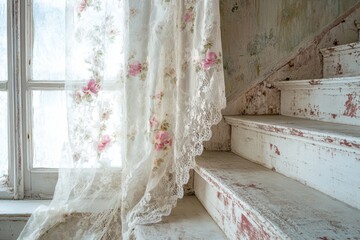 elegant lace curtains with floral prints enhance the shabby chic style for a cozy, romantic home ambiance