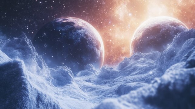 Space-themed winter imagery with snow-covered planets and cosmic elements creating an otherworldly seasonal wonderland
