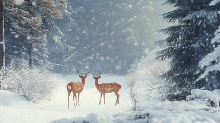 Winter wildlife scene with deer in a snowy forest, gentle snowfall