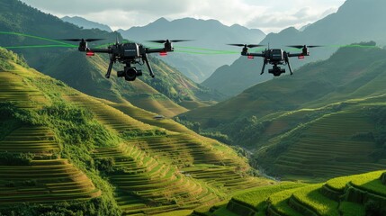 Fototapeta premium Two drones flying over a picturesque rice paddy field with mountains in the background.