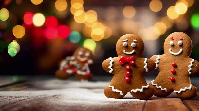 Two gingerbread men standing on a wooden surface covered with powdered sugar, with another gingerbread man blurred in the background and christmas lights out of focus