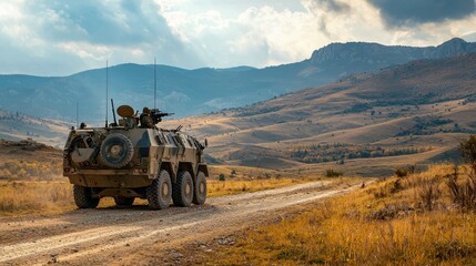 Fototapeta premium A heavily armored personnel carrier (APC) patrolling a rugged landscape, equipped with machine guns and transporting troops for military operations