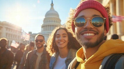 Diverse group of young Americans standing together in front of the Capitol building during sunset, future of the nation and democracy new beautiful stock image illustration AI