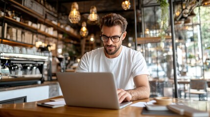 Man Working on Laptop in Cozy Coffee Shop