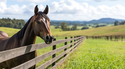 Horse Near Fence in Open Green Landscape