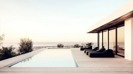 Fototapeta premium Modern minimalist outdoor pool area with loungers overlooking serene coastline at sunset