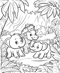 Cute animals in the jungle illustration coloring pages - coloring book for kids