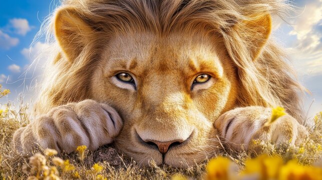 Majestic Lion Portrait, an intense closeup of Aslan showcasing his regal mane and piercing gaze, inviting reflection and admiration, ideal for captivating text placement.
