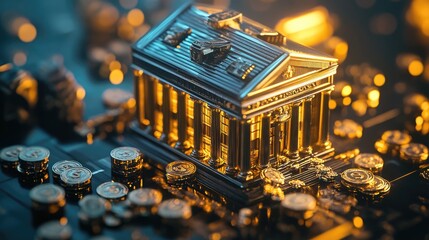 A miniature golden bank building sits atop a circuit board surrounded by gold coins.