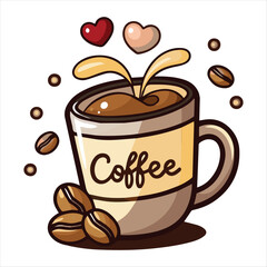 Obraz premium Coffee Love Foam with Beans Cartoon Icon Illustration on a White Background
