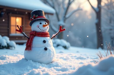 Obraz premium Snowman stands in the yard of the house. Winter entertainment. Generative AI tools