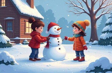 Obraz premium Happy children making a snowman. Winter fun. Generative AI tools