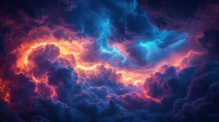 A stunning display of colorful clouds illuminated by vibrant hues of blue and orange, creating a dramatic celestial scene.