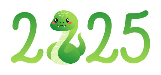 Happy Chinese New Year 2025. Year of the snake. Cartoon cute green snake in flat style isolated on white. Illustration for greeting card, sticker, background. 