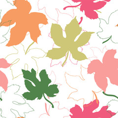 Seamless complex multi-layered pattern with fig leaves - colored and colorless outline