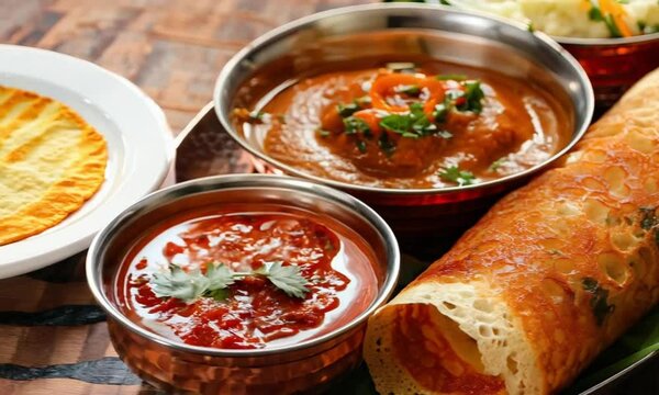 Crispy Dosa with Spicy Chutney and Curry