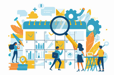Illustration of team members planning and organizing tasks on a large calendar, showcasing teamwork and scheduling.