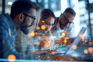 A dynamic group of diverse professionals engaged in a brainstorming session in a modern office environment, using laptops and digital tools.