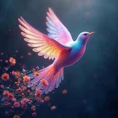Fototapeta premium Colorful bird flying joyfully among flowers against a vibrant dreamy background copy space