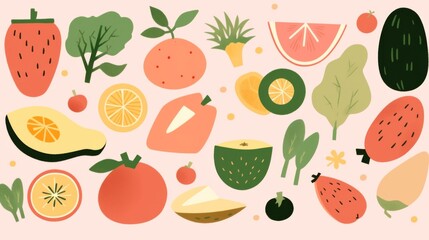 Vibrant flat illustration of assorted fruits and vegetables, including apples, pineapples, avocados, lemons, cherries, peaches, watermelons, strawberries, and more