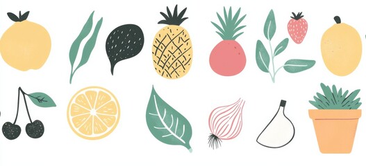 Vibrant flat illustration of assorted fruits and vegetables, including apples, pineapples, avocados, lemons, cherries, peaches, watermelons, strawberries, and more