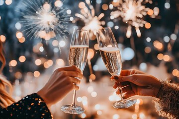 Two women clinking champagne glasses with fireworks in the background.