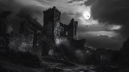 Fototapeta premium A crumbling castle stands silhouetted against a full moon and stormy sky.