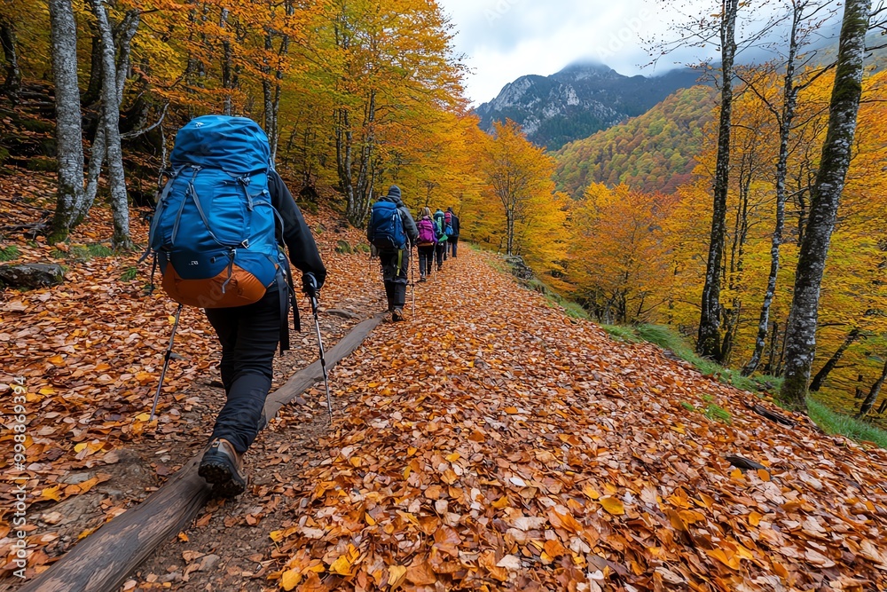 Aufkleber forest trail in autumn mountains, where hikers walk along a path covered in fallen leaves, surrounde