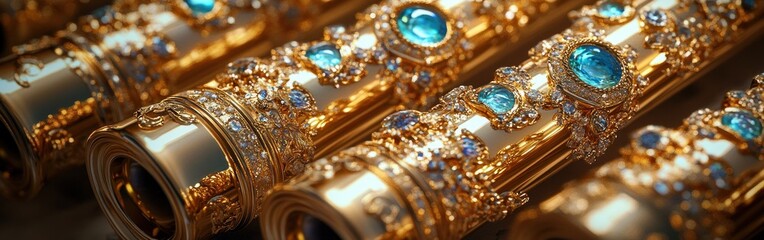 Golden scrolls adorned with blue stones showcase exquisite craftsmanship at an art exhibit
