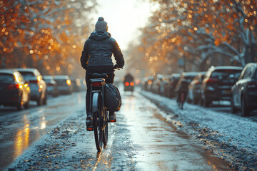 A bicycle being used for commuting instead of a car to reduce emissions. Concept of transportation.