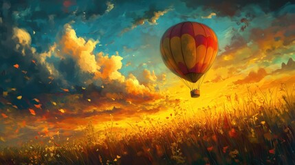 Fototapeta premium A vibrant hot air balloon soaring above a colorful sunset with clouds and flowers in the foreground.