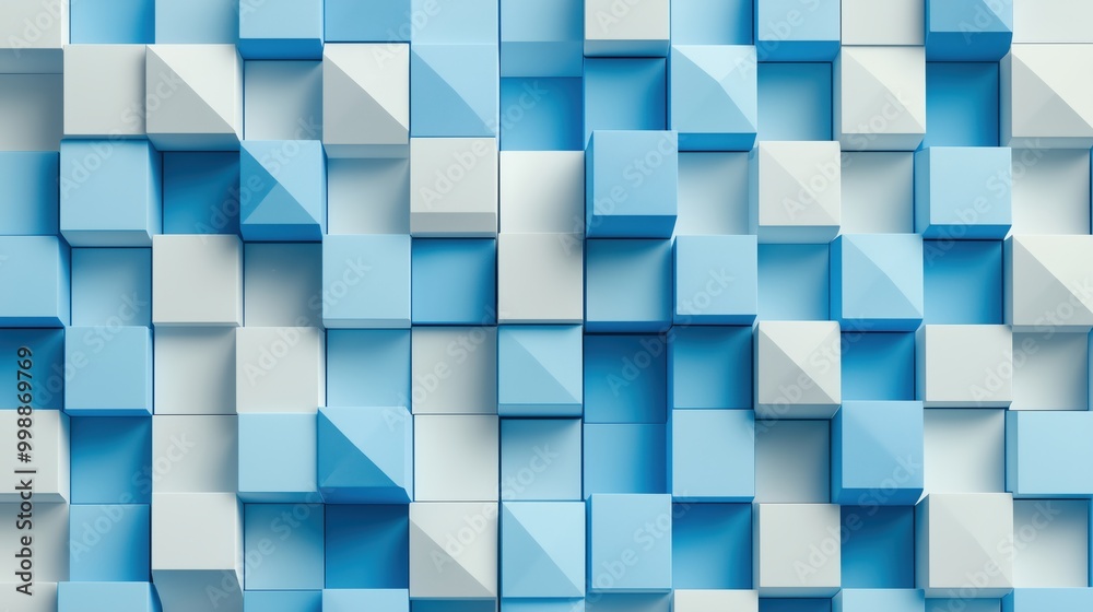Poster blue and white background with white squares. the squares are of different sizes and are arranged in