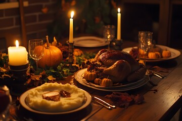 A roasted turkey sits on a table with a candle and pumpkin accents for a Thanksgiving feast.
